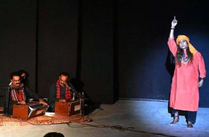 Artists perform in the stage play “Jeay Latif” late Sunday night, presented by the Culture Department of Sindh in collaboration with the Arts Council of Pakistan, Larkana, at the Arts Council.