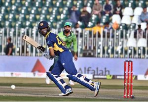 Sri Lanka batter Pathum Nissanka plays a shot during the 3rd One Day International cricket match between Pakistan and Sri Lanka at Rawalpindi Cricket Stadium.