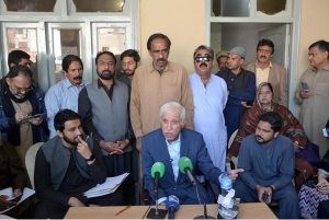 Federal Minister for Investment Board Qaiser Ahmad Sheikh talks to the media after holding an open court at his dera.