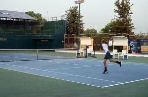 Player in action during ITF Pakistan All Embroidery World Junior Tennis Championship J-30 (Leg-2) 2025 at Tennis Complex.