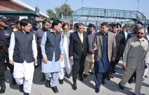 Federal Minister for Railways Hanif Abbasi talks to media after inaugurating upgraded facilities at Faisalabad Railway Station.