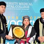 Minister of state for National Health Services, Regulation and coordination, Dr, Malik Mukhtar Ahmad Bharath, receiving the honorary shield on the occasion of 11th convocation of the University Medical and Dental college Sargodha Road