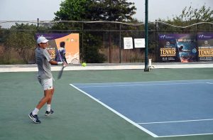 Player in action during ITF Pakistan All Embroidery World Junior Tennis Championship J-30 (Leg-2) 2025 at Tennis Complex.