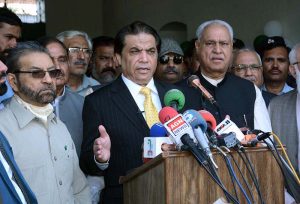 Federal Minister for Railways Hanif Abbasi talks to media after inaugurating upgraded facilities at Faisalabad Railway Station.