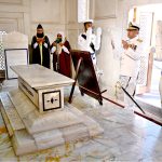 Commander Central Punjab, Rear Admiral Sohail Ahmed Azmie offering Fateha after laying floral wreath during change of guard ceremony to pay homage to the national poet, Allama Muhammad Iqbal on his 148th birthday anniversary at Mazar-e-Iqbal