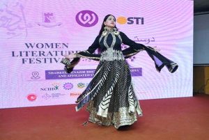 Female students perform a stage drama highlighting women empowerment during the inauguration ceremony of the Dosti Peshawar Women Literature Festival (3rd Edition).