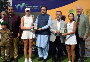 Deputy Chairman of the Senate, Syedaal Khan Nasar addressing during the ITF Pakistan All Embroidery World Junior Tennis Championship J-30 (Leg-2) 2025 at the Tennis Complex.