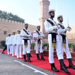 Commander Central Punjab, Rear Admiral Sohail Ahmed Azmie steps forward at Mazar-e-Iqbal to lay floral wreath during change of guard ceremony to pay homage to the national poet, Allama Muhammad Iqbal on his 148th birthday anniversary