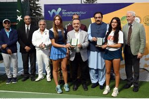 Deputy Chairman of the Senate, Syedaal Khan Nasar addressing during the ITF Pakistan All Embroidery World Junior Tennis Championship J-30 (Leg-2) 2025 at the Tennis Complex.