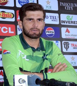 Pakistan’s ODI team captain Shaheen Shah Afridi addresses a press conference ahead of the 1st ODI against South Africa at Iqbal Cricket Stadium