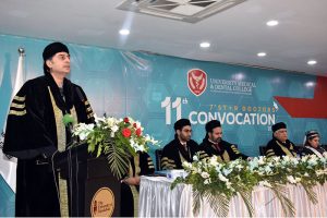 Minister of State for National Health Services, Regulations and Coordination Dr. Malik Mukhtar Ahmad Bharath addressing during the 11th convocation of the University Medical and Dental College