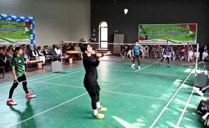 Badminton women players of Islamabad and Lahore Board teams in action during the final match of the All Pakistan Inter Board Girls Badminton Championship 2025 at the Officers Club, organized by the Larkana Board of Intermediate and Secondary Education.