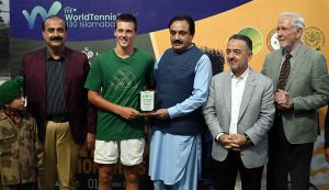 Deputy Chairman of the Senate, Syedaal Khan Nasar addressing during the ITF Pakistan All Embroidery World Junior Tennis Championship J-30 (Leg-2) 2025 at the Tennis Complex.