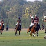 Players struggling to get hold on the ball during the final polo match playing between Master Paints and FG/Din Polo teams at Lahore Polo Club during LPC Polo Cup 2025. FG/Din polo team won by 8-6