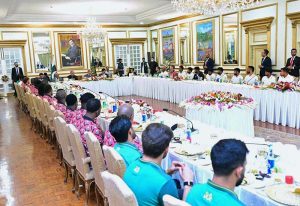 Prime Minister Muhammad Shehbaz Sharif addresses a banquet he hosted in honour of cricket teams of Pakistan, Sri Lanka and Zimbabwe, who are currently participating in the Tri-Nations Series