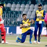 Another scene of Sri Lankan players celebrating after dismissing Zimbabwe's Tadevanashe Marumani in the Pakistan T20I tri-series at Rawalpindi Stadium