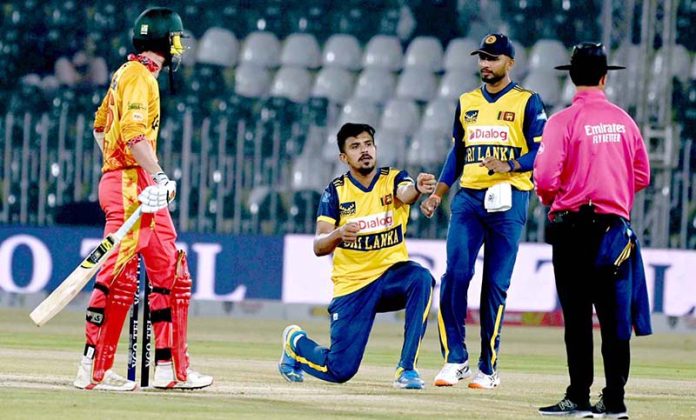 Another scene of Sri Lankan players celebrating after dismissing Zimbabwe's Tadevanashe Marumani in the Pakistan T20I tri-series at Rawalpindi Stadium
