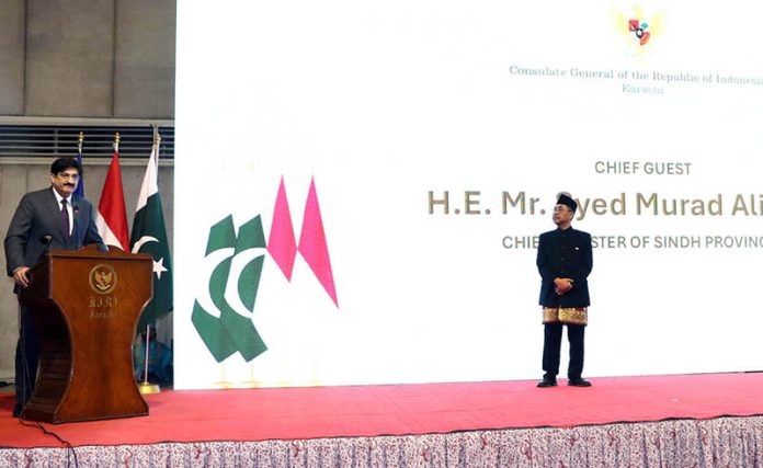 Sindh Chief Minister Syed Murad Ali Shah addresses a ceremony on the 80th Anniversary of the Independence Day of the Republic of Indonesia