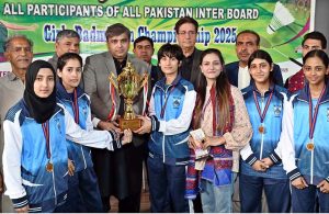 Badminton women players of Islamabad and Lahore Board teams in action during the final match of the All Pakistan Inter Board Girls Badminton Championship 2025 at the Officers Club, organized by the Larkana Board of Intermediate and Secondary Education.