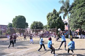 Players in action during the volleyball tournament at Government Graduate College for Women, Farooq Colony, on the occasion of the 4th Higher Education Sports Event.