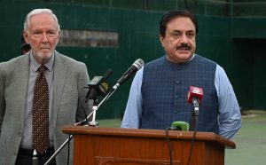 Deputy Chairman of the Senate, Syedaal Khan Nasar addressing during the ITF Pakistan All Embroidery World Junior Tennis Championship J-30 (Leg-2) 2025 at the Tennis Complex.