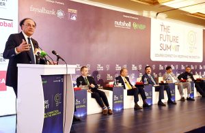 Federal Minister for Finance and Revenue Senator Muhammad Aurangzeb addresses the 9th Future Summit organized by Nutshell Group at a local hotel.