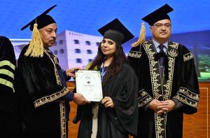 Federal Minister for Education and Professional Training Khalid Maqbool Siddiqui addressing during Allama Iqbal Open University Convocation 2025.