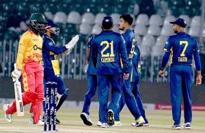 Another scene of Sri Lankan players celebrating after dismissing Zimbabwe's Tadevanashe Marumani in the Pakistan T20I tri-series at Rawalpindi Stadium