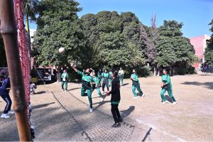 Players in action during the volleyball tournament at Government Graduate College for Women, Farooq Colony, on the occasion of the 4th Higher Education Sports Event.