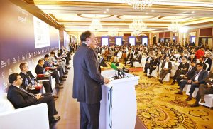 Federal Minister for Finance and Revenue Senator Muhammad Aurangzeb addresses the 9th Future Summit organized by Nutshell Group at a local hotel.