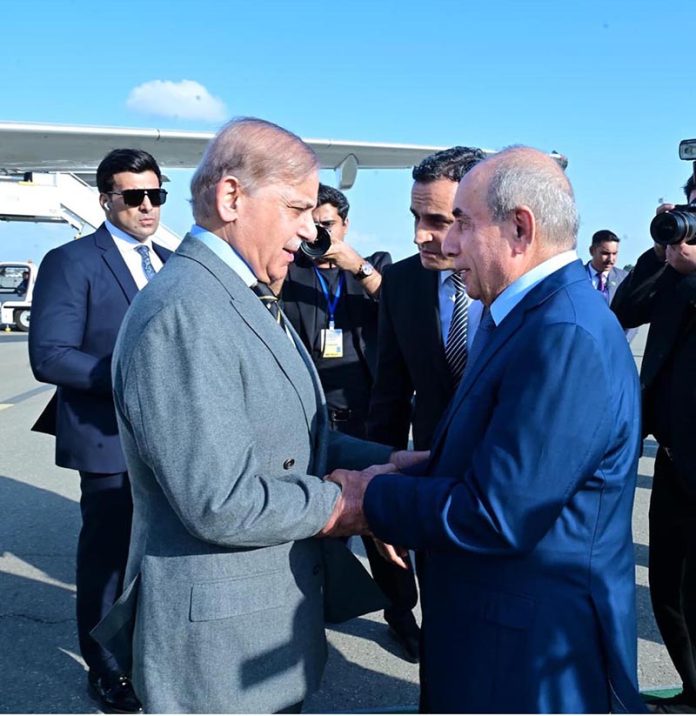 Prime Minister Muhammad Shehbaz Sharif is being received by First Deputy Prime Minister of Azerbaijan Yaqub Abdulla Oglu Eyyubev at Haider Aliyev International Airport