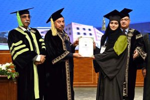 Federal Minister for Education and Professional Training Khalid Maqbool Siddiqui addressing during Allama Iqbal Open University Convocation 2025.