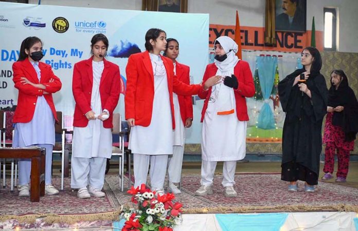 Students of UMS perform a stage drama as part of Universal Children’s Day 2025 celebrations at the university
