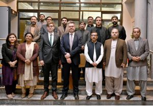 Managing Director, Associated Press of Pakistan, Muhammad Asim Khichi presents souvenir to Director for International Cooperation of Rossiya Segodnya Media Group, Mr. Vassiliy Pushkov during his visit to APP Headquarters.