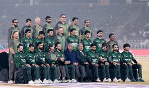 Federal Minister for Interior and Narcotics Control/ Chairman PCB, Senator Syed Mohsin Raza Naqvi in a group photo with the Pakistan Cricket Team and PCB officials prior the final cricket match of Pakistan T20I Tri-Nation Series in Rawalpindi stadium.