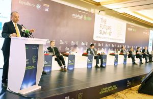 Federal Minister for Climate Change and Environmental Coordination Senator Dr Musadiq Malik addresses the 9th Future Summit organized by Nutshell Group at a local hotel.