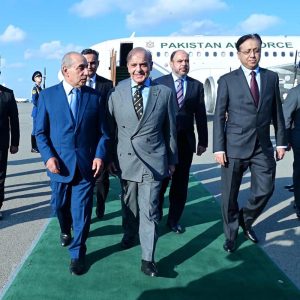 Prime Minister Muhammad Shehbaz Sharif is being received by First Deputy Prime Minister of Azerbaijan Yaqub Abdulla Oglu Eyyubev at Haider Aliyev International Airport