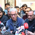 Defense Minister Khawaja Muhammad Asif is talking to media personnel on the occasion to celebrate the 148th birth anniversary of national poet Dr. Allama Muhammad Iqbal