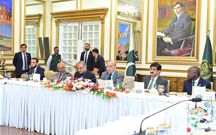 Prime Minister Muhammad Shehbaz Sharif addresses a banquet he hosted in honour of cricket teams of Pakistan, Sri Lanka and Zimbabwe, who are currently participating in the Tri-Nations Series