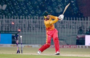 Another scene of Sri Lankan players celebrating after dismissing Zimbabwe's Tadevanashe Marumani in the Pakistan T20I tri-series at Rawalpindi Stadium