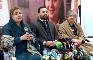 MNA Saba Sadiq, Parliamentary secretary human rights, addresses a press conference during the launch of the 16 Days of Activism campaign, organized by the National Commission on the Status of Women in collaboration with the National Cyber Emergency Response Team.