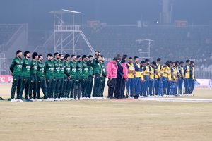 Federal Minister for Interior and Narcotics Control/ Chairman PCB, Senator Syed Mohsin Raza Naqvi in a group photo with the Pakistan Cricket Team and PCB officials prior the final cricket match of Pakistan T20I Tri-Nation Series in Rawalpindi stadium.