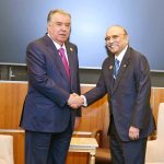 President Asif Ali Zardari meeting President Emomali Rahmon of Tajikistan on the sidelines of the Second World Summit for Social Development
