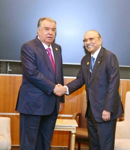 President Asif Ali Zardari meeting President Emomali Rahmon of Tajikistan on the sidelines of the Second World Summit for Social Development