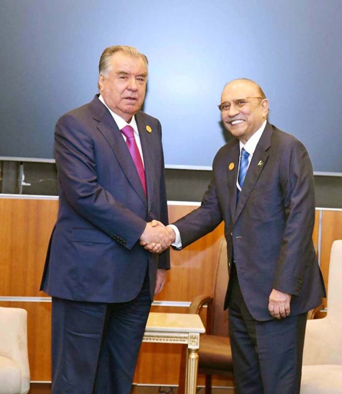 President Asif Ali Zardari meeting President Emomali Rahmon of Tajikistan on the sidelines of the Second World Summit for Social Development