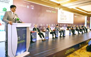 Sindh Chief Minister Syed Murad Ali Shah addresses the 9th Future Summit organized by Nutshell Group at a local hotel.