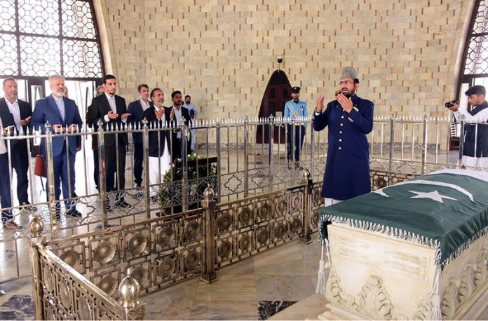 An Iranian delegation comprising journalists offering Fateha and laying a floral wreath during their visit to the Mazar-e-Quaid Mausoleum, paying rich tribute to the Father of the Nation, Quaid-e-Azam Muhammad Ali Jinnah