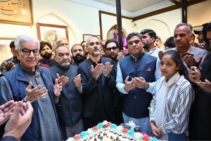 Defense Minister Khawaja Muhammad Asif is talking to media personnel on the occasion to celebrate the 148th birth anniversary of national poet Dr. Allama Muhammad Iqbal