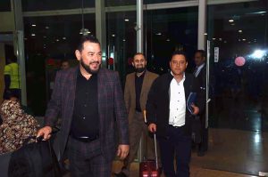 Former President of Guatemala Jimmy Morales is being received at Islamabad Airport by the Senior Officers of the Senate Secretariat upon his arrival to attend Inter-Parliamentary Speakers Conference.