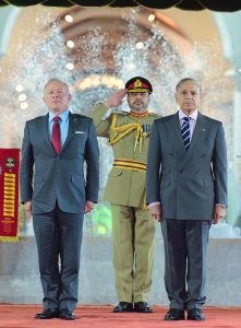 King of Jordan His Majesty Abdullah II ibn Al Hussein receives guard of honor at Prime Minister's House.